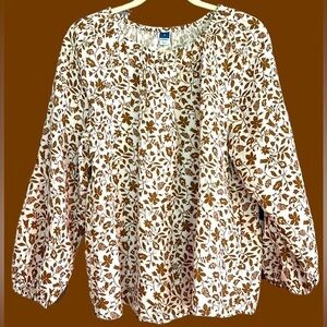 OLD NAVY Brown/Cream Floral Leaf Pattern Blouse, Size Medium, EUC.